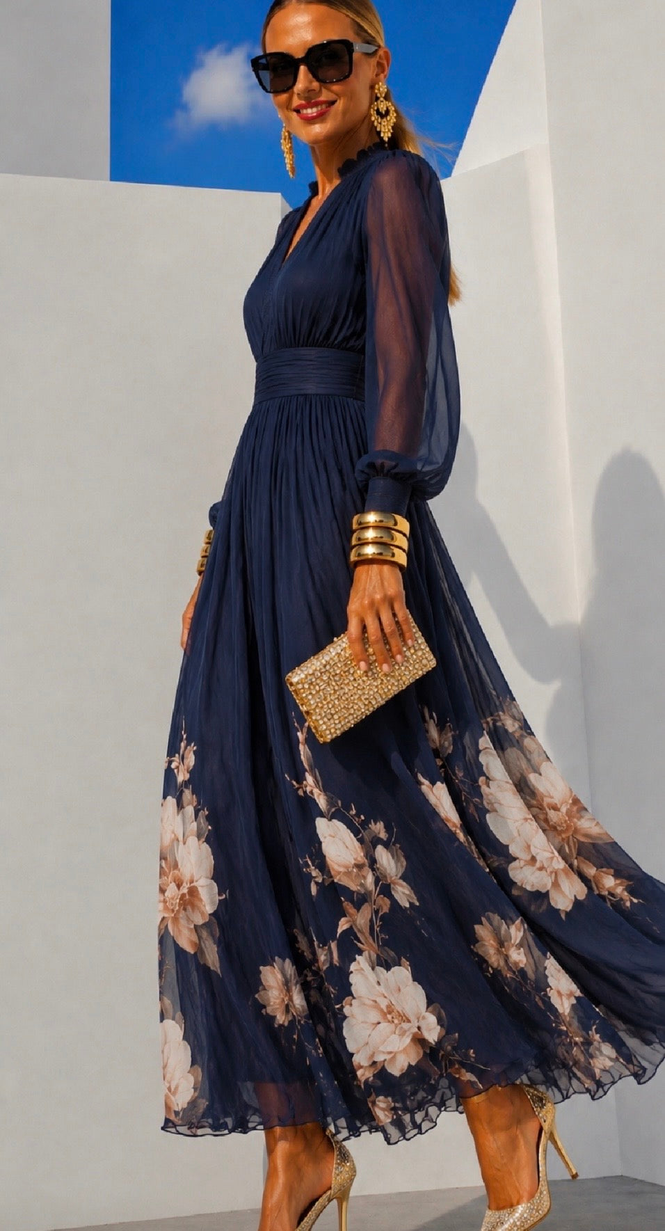 Vestido Giverny estampado en chiffon con cintura elástica trasera – 4 estampados disponibles, tallas 34-48, video incluido