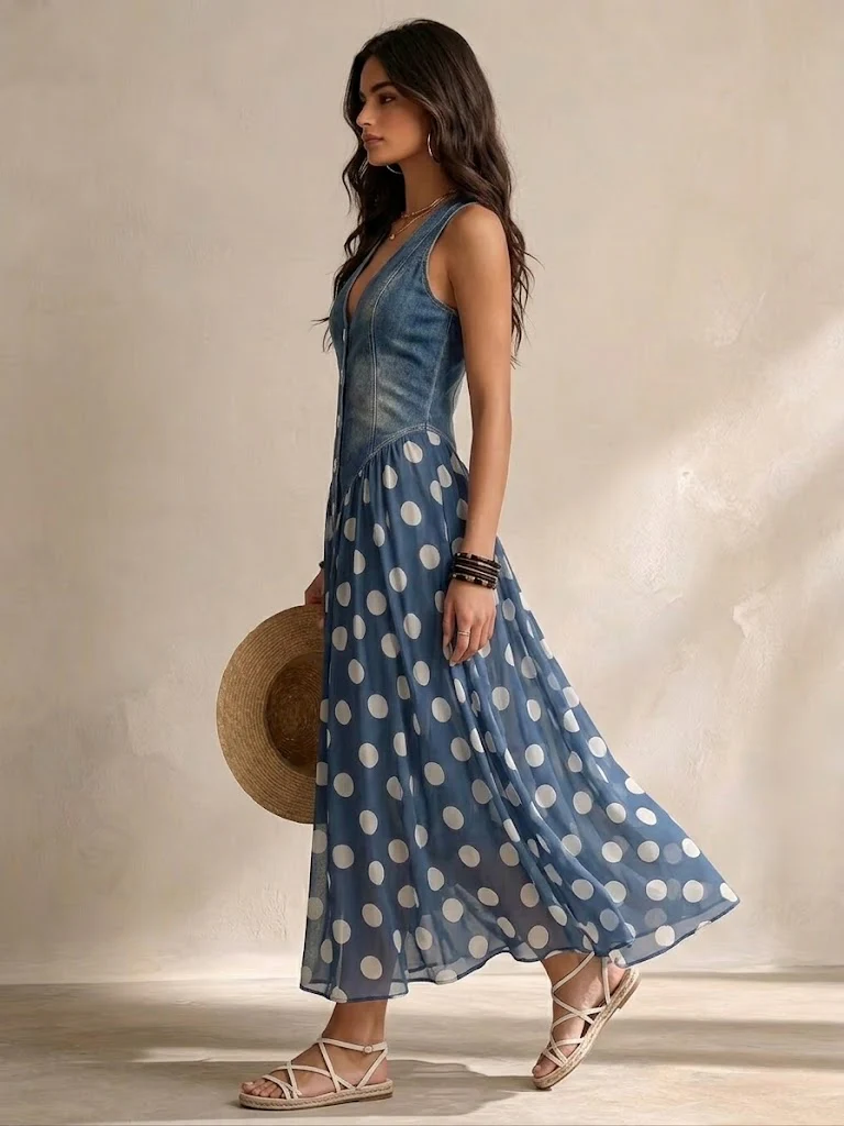 Grasse — Vestido Vaquero con Falda de Gasa, Estilo Fresco y Sofisticado