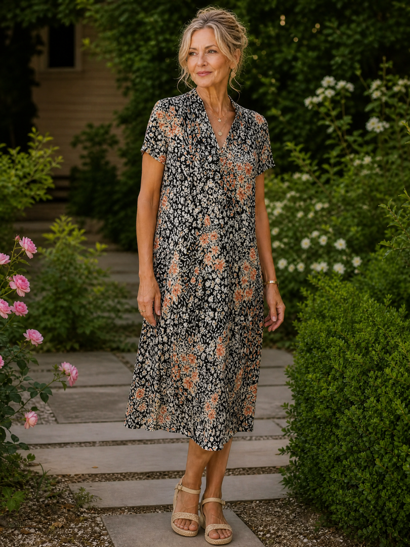 Èze | Vestido Midi Floral de Manga Corta, Elegante y Fresco