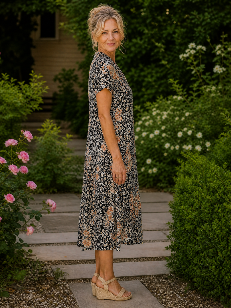 Èze | Vestido Midi Floral de Manga Corta, Elegante y Fresco