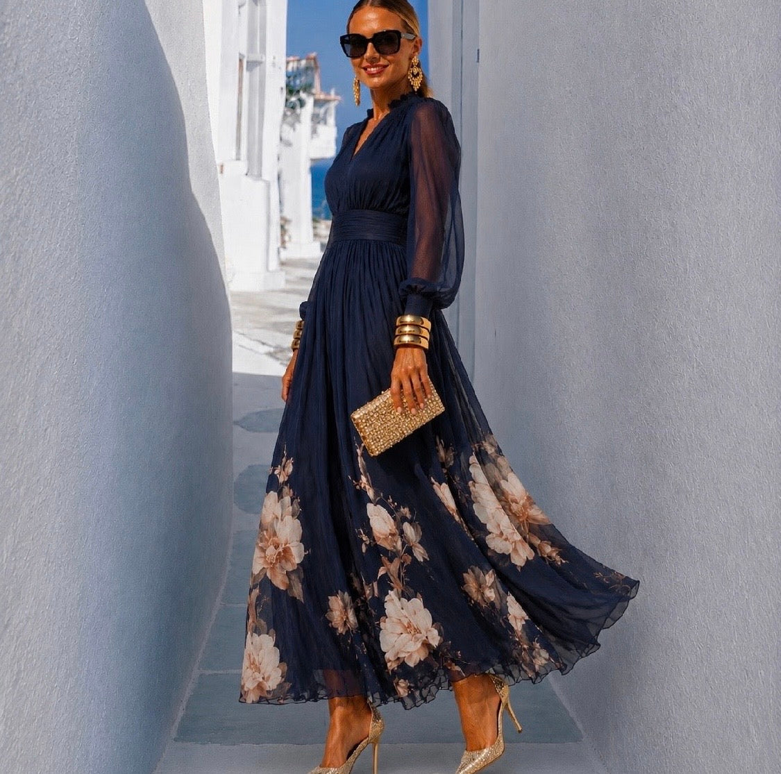 Vestido Giverny estampado en chiffon con cintura elástica trasera – 4 estampados disponibles, tallas 34-48, video incluido
