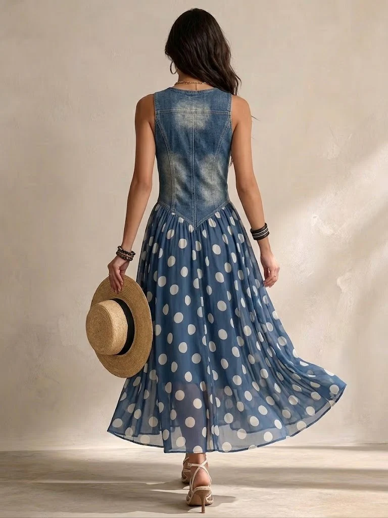 Grasse — Vestido Vaquero con Falda de Gasa, Estilo Fresco y Sofisticado