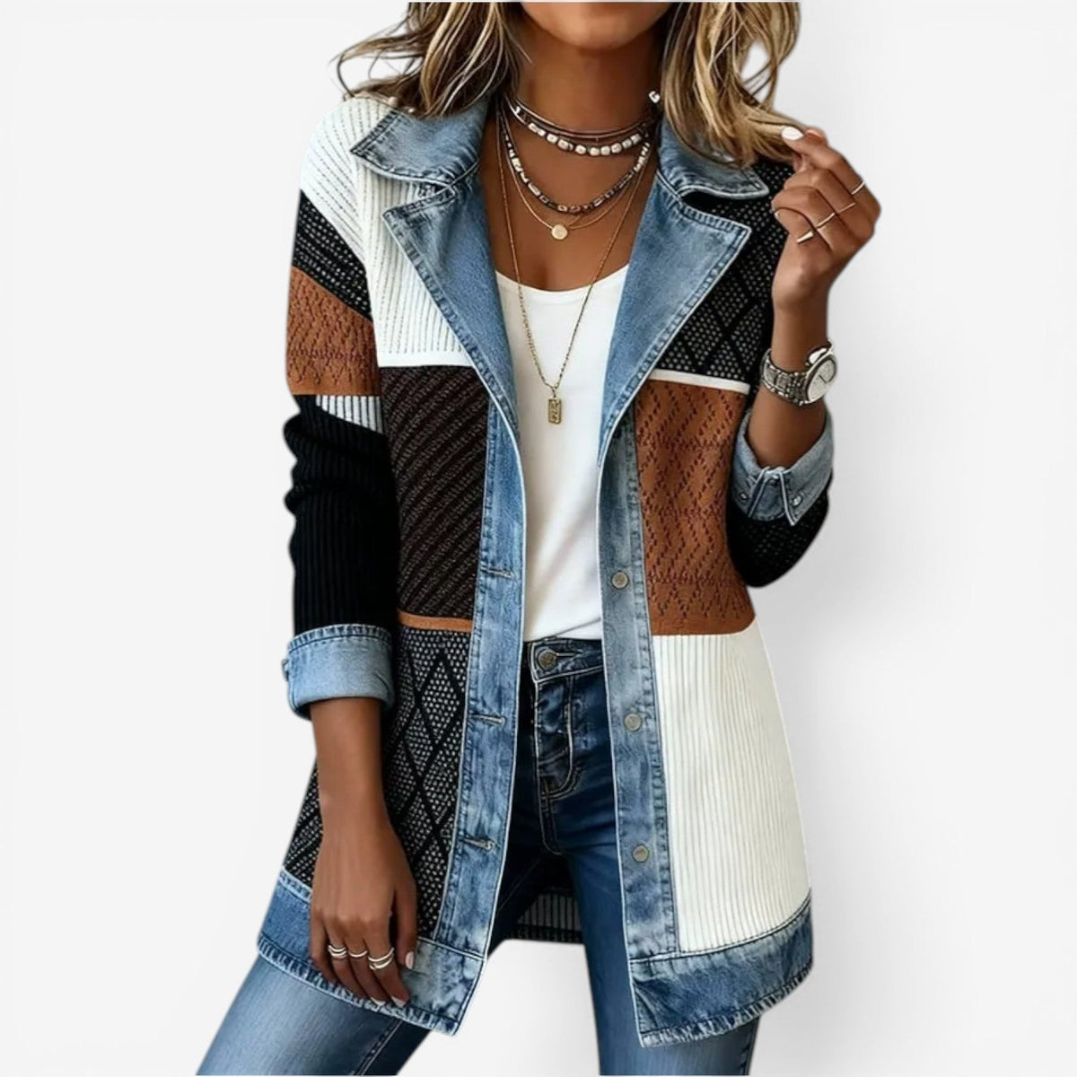 León | Chaqueta estilo aviador combinada de punto y denim - vista 2