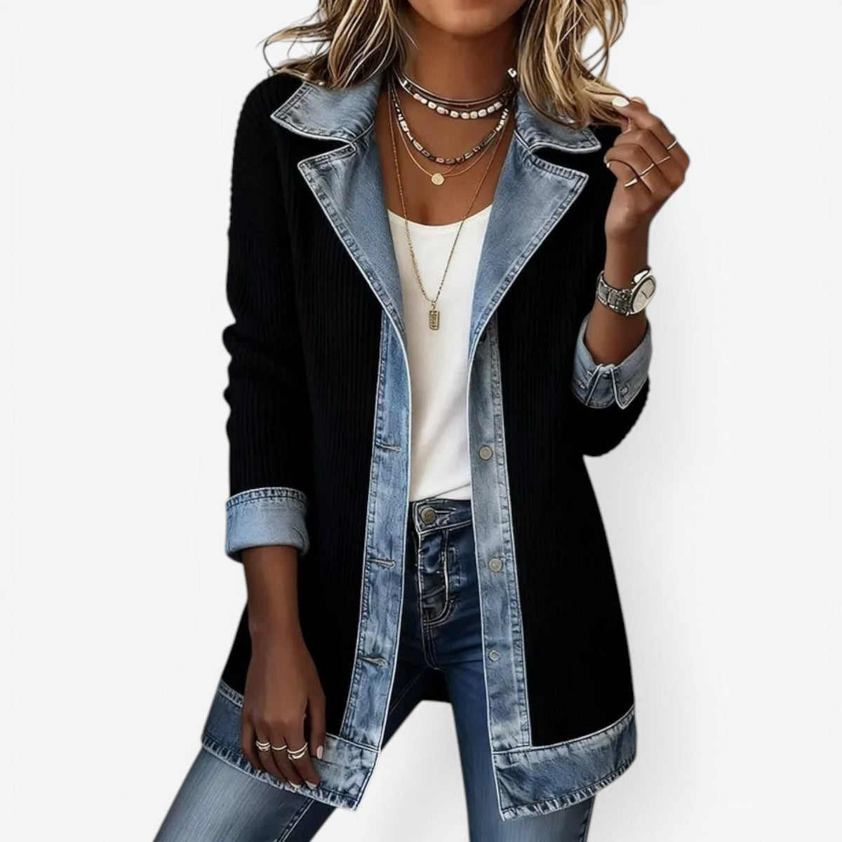 León | Chaqueta estilo aviador combinada de punto y denim - vista 3