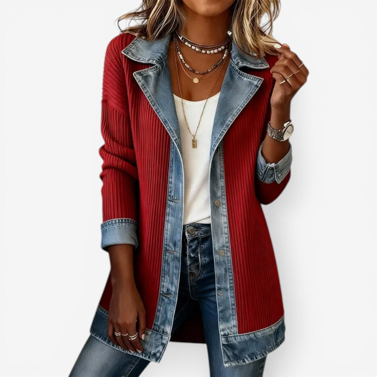 León | Chaqueta estilo aviador combinada de punto y denim - vista 4