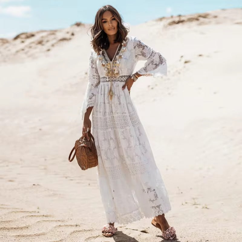 Beaulieu Vestido Ibicenco con Mangas de Encaje – Elegancia Mediterránea