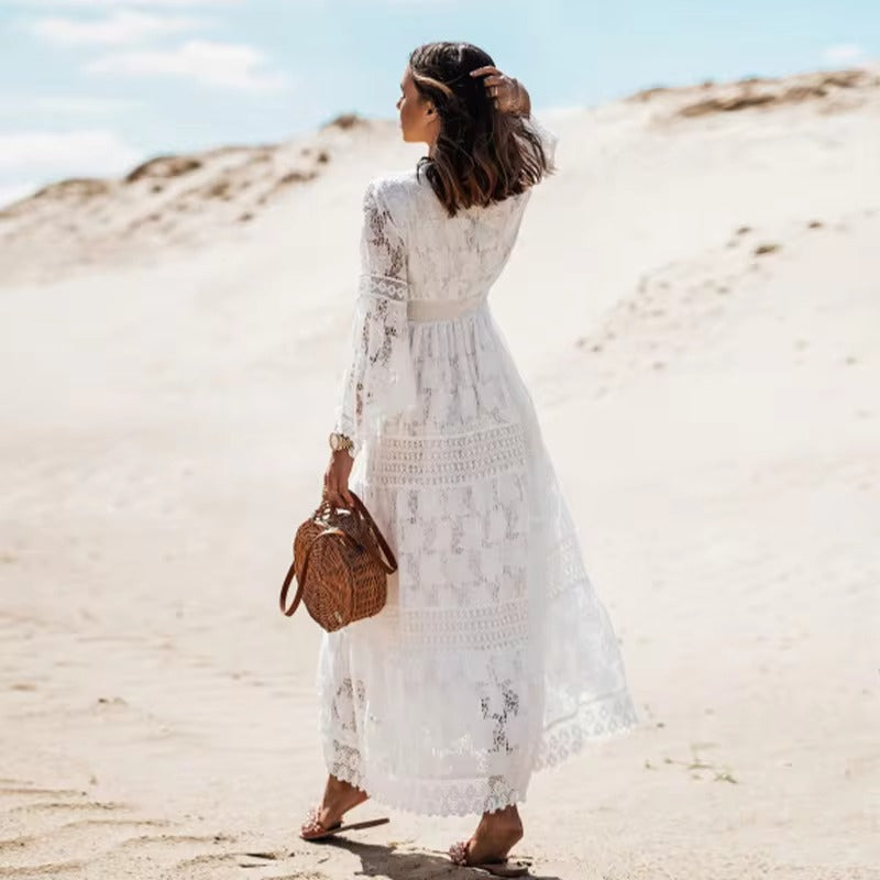 Beaulieu Vestido Ibicenco con Mangas de Encaje – Elegancia Mediterránea