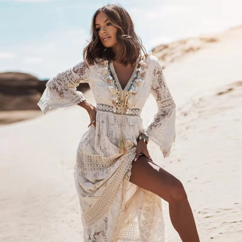 Beaulieu Vestido Ibicenco con Mangas de Encaje – Elegancia Mediterránea