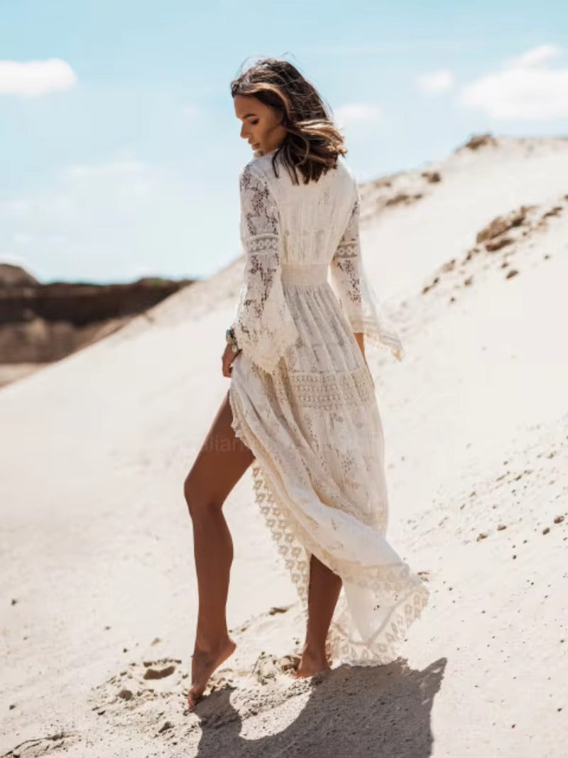 Beaulieu Vestido Ibicenco con Mangas de Encaje – Elegancia Mediterránea