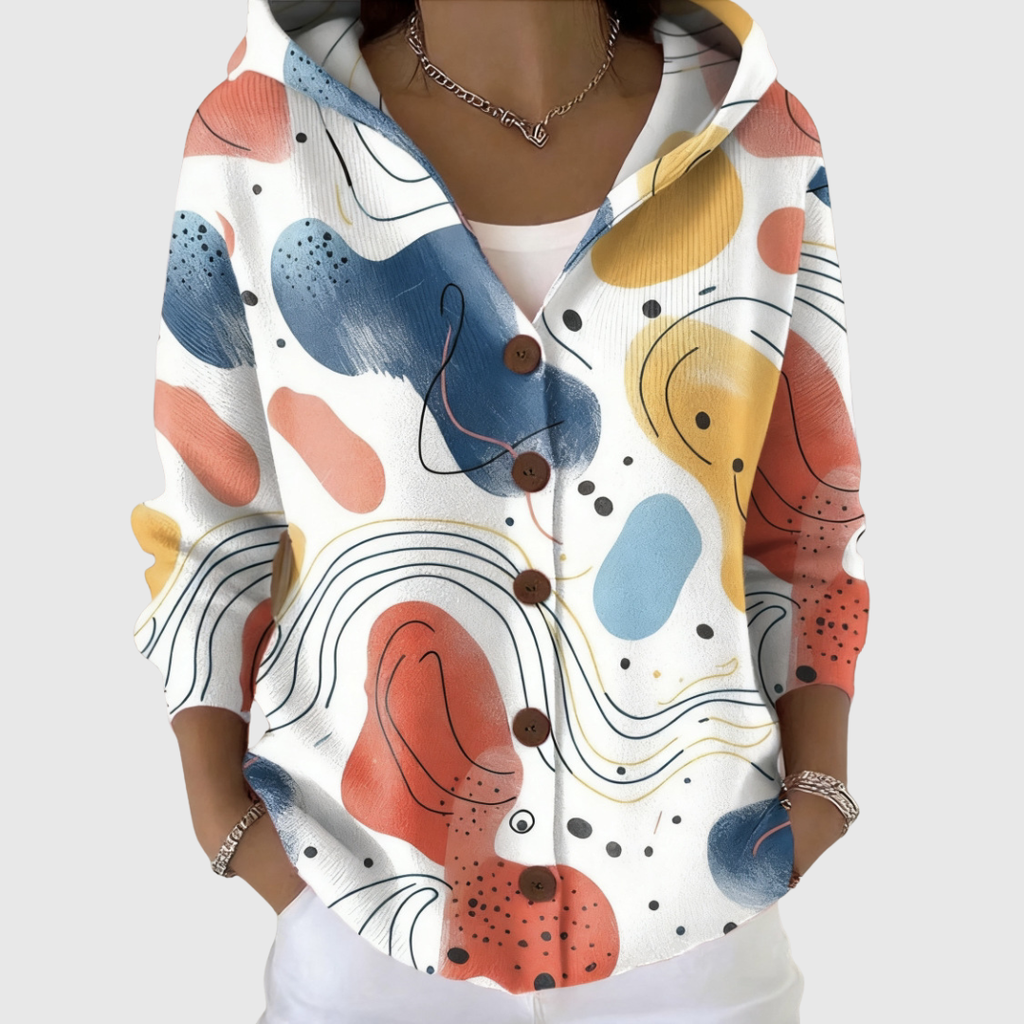 Cádiz, chaqueta de punto con capucha y estampado multicolor