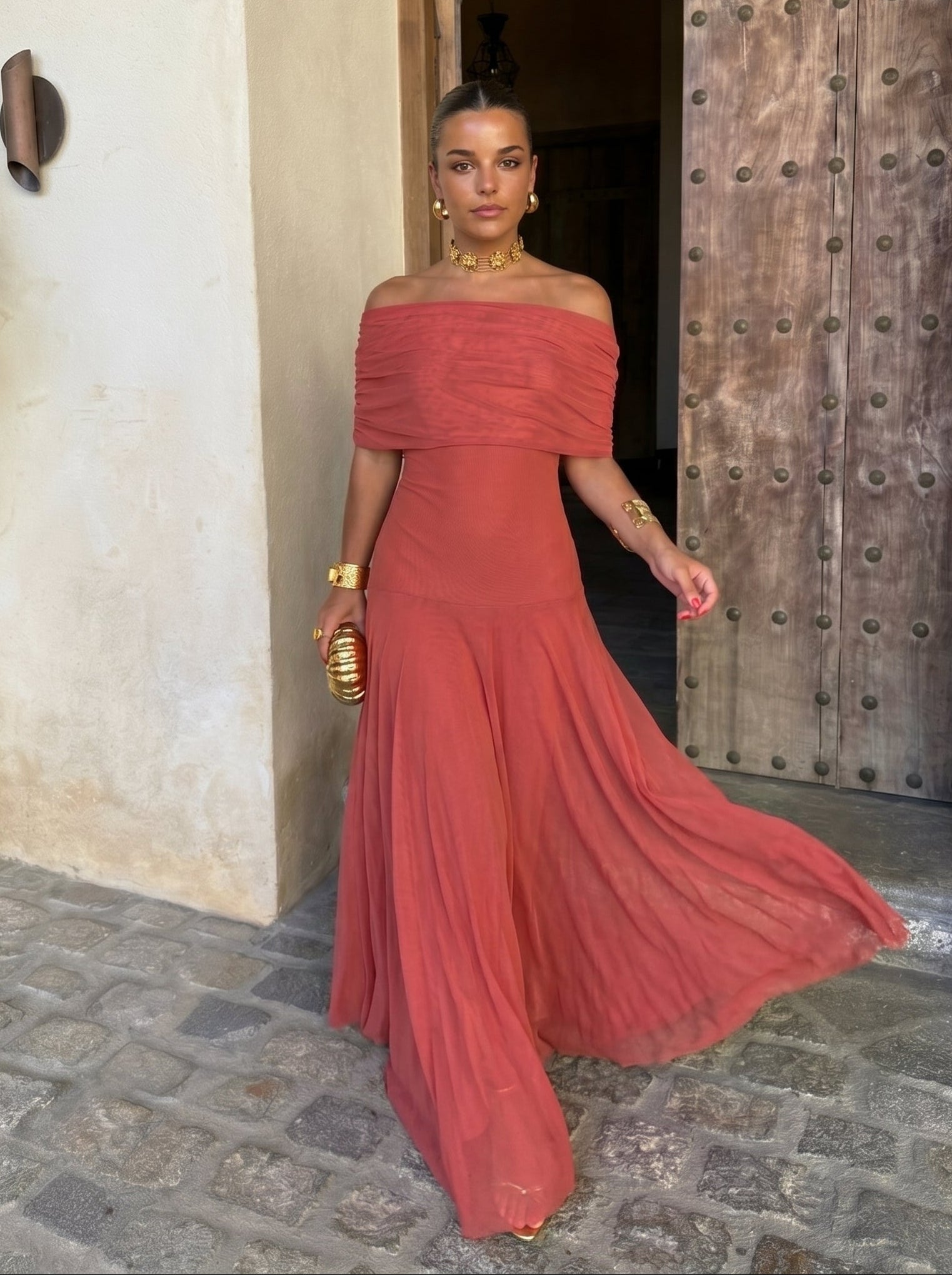 Palermo Vestido Bardot Largo – Estilo Sofisticado y Veraniego
