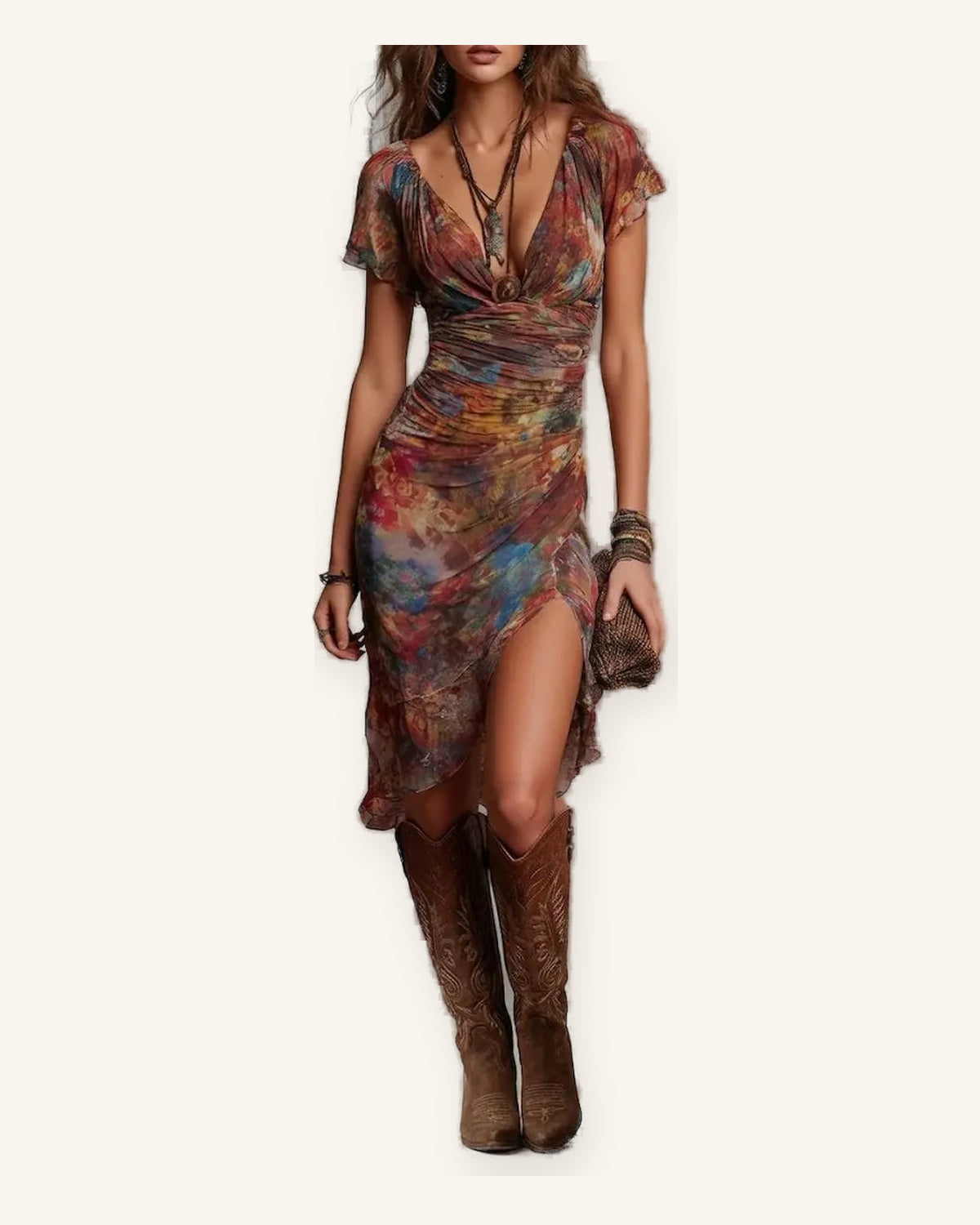 Carcassonne | Vestido Midi Plisado con Estampado Bohemio sobre fondo marfil