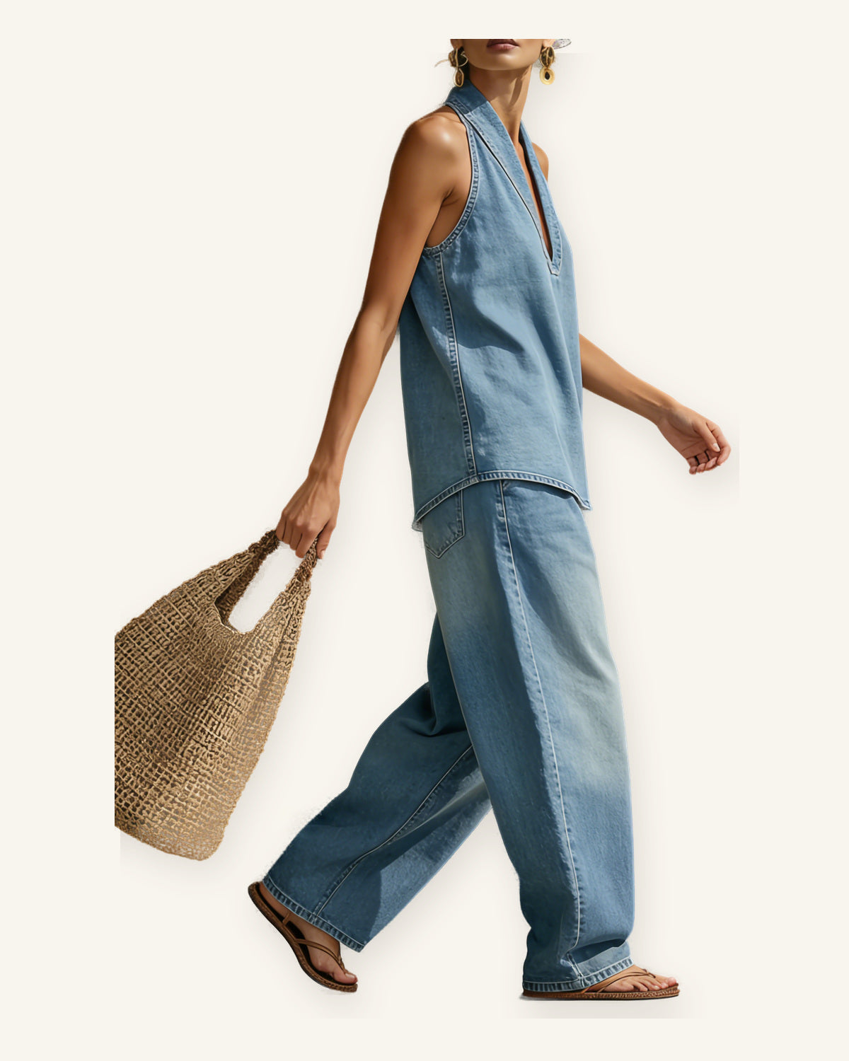 Cassis | Conjunto Dos Piezas Denim Minimalista sobre fondo marfil
