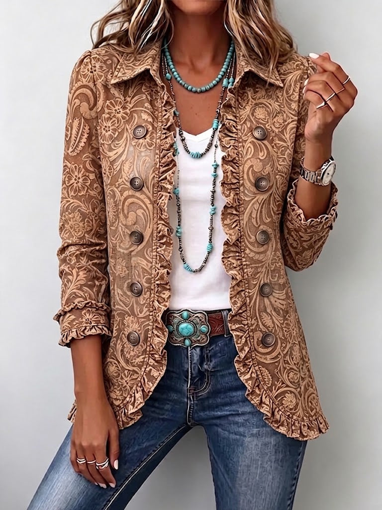 Concepción chaqueta floral vintage marrón con volantes vista frontal