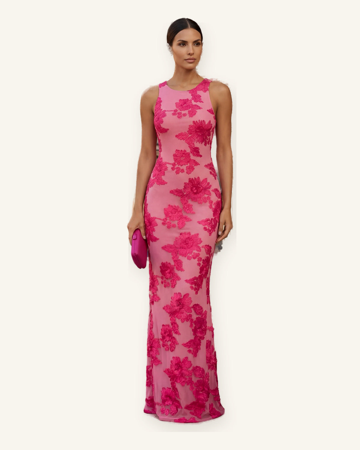 Deauville | Vestido Maxi Rosa Elegante sobre fondo marfil