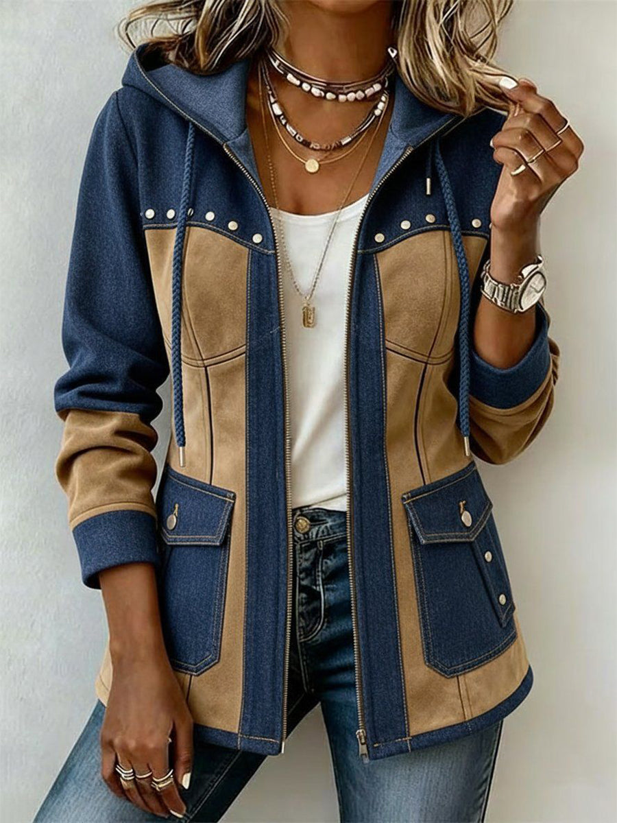 Dolores | Chaqueta con capucha en marino y camel - vista frontal