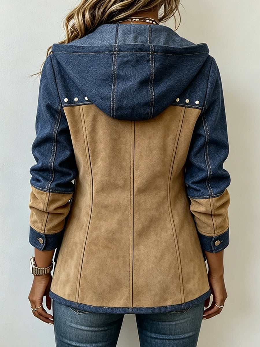 Dolores | Chaqueta con capucha en marino y camel - vista trasera