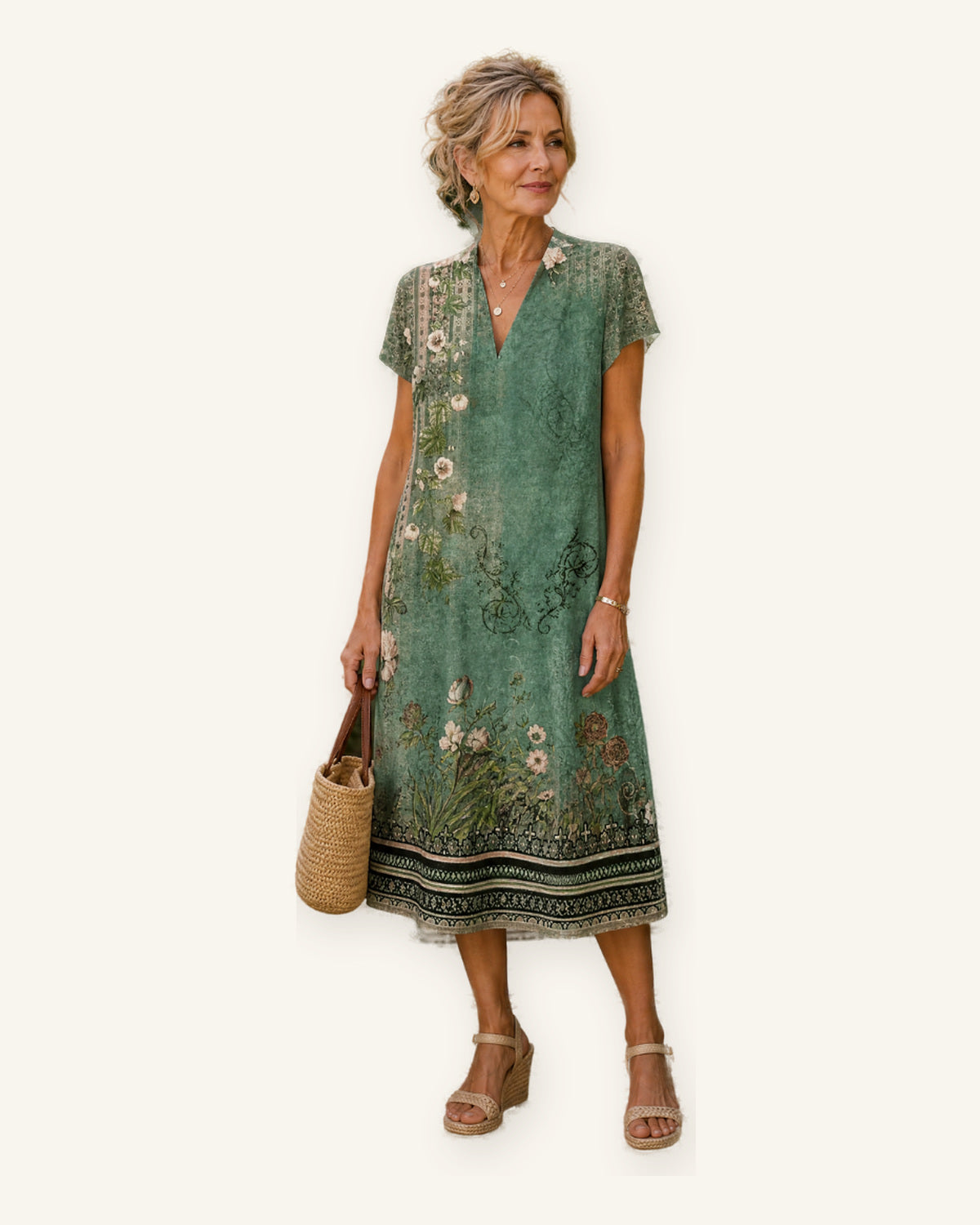 Èze | Vestido Midi Floral de Manga Corta, Elegante y Fresco sobre fondo marfil