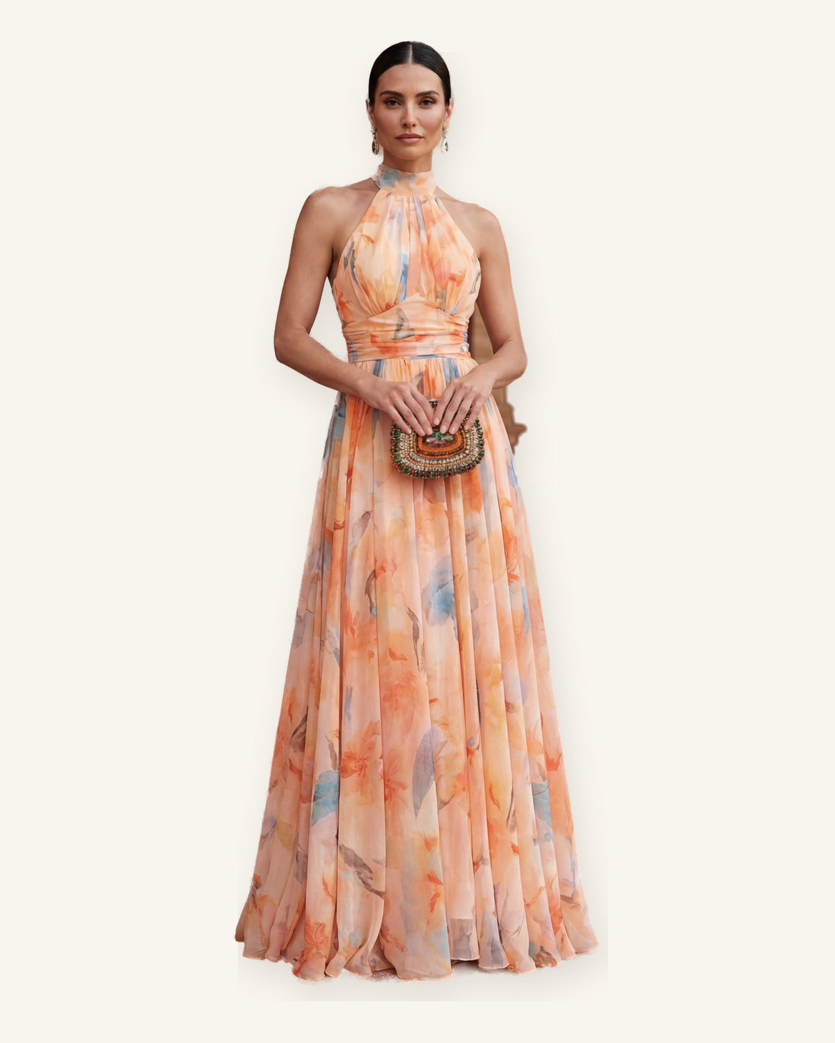 Gruissan | Vestido Midi con Escote Halter y Estampado Floral sobre fondo marfil