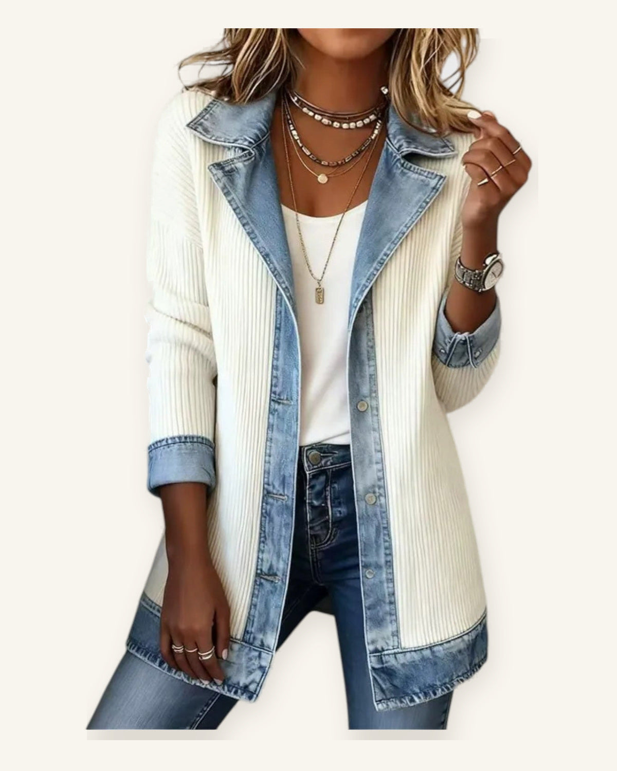 León | Chaqueta estilo aviador combinada de punto y denim sobre fondo marfil