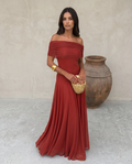 Matera | Vestido Bardot Largo Rojo - Elegancia Sofisticada para Cenas y Eventos