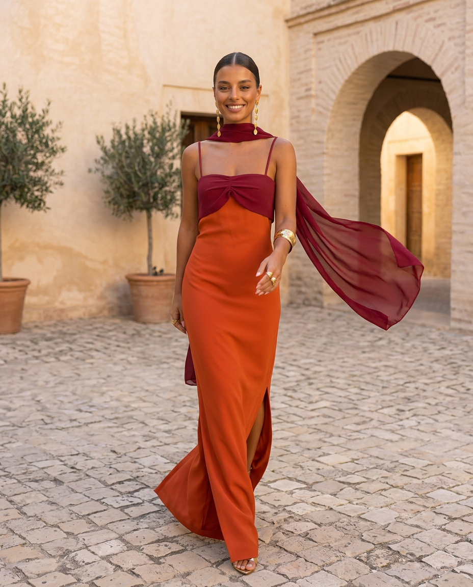 Procida Vestido Largo Naranja con Escote - Elegancia y Estilo