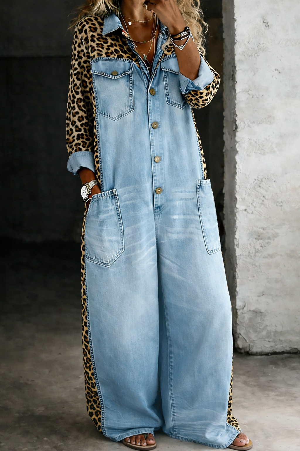 Mérida | Mono largo denim con detalle animal print - imagen 1