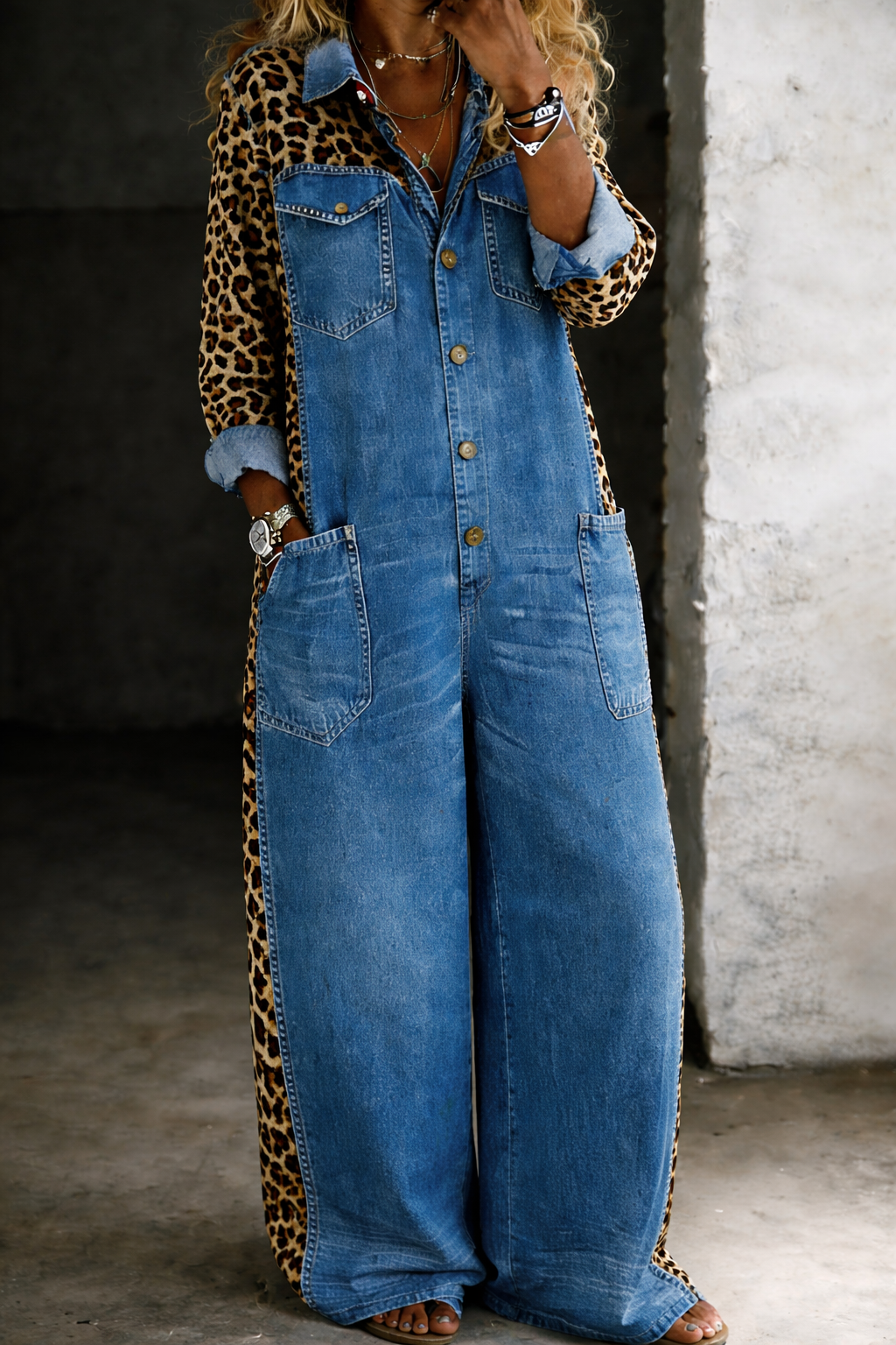 Mérida | Mono largo denim con detalle animal print - imagen 3