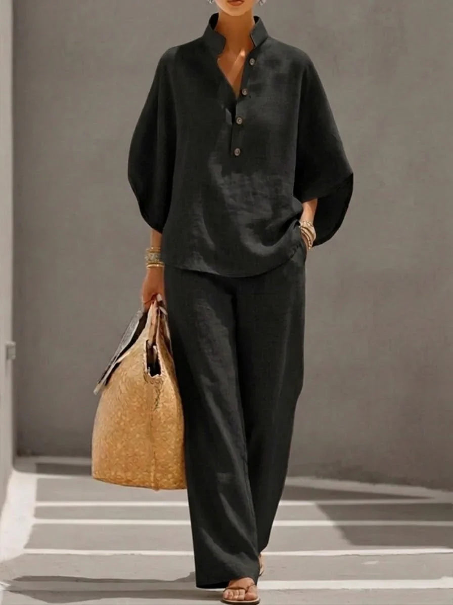 Vence | Conjunto de lino con mangas murciélago y pantalón ancho, elegante y cómodo