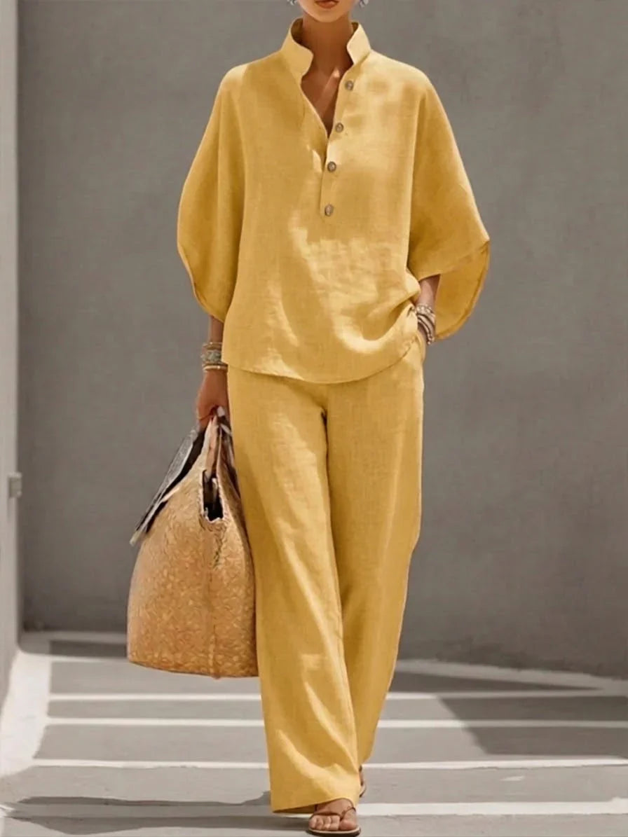 Vence | Conjunto de lino con mangas murciélago y pantalón ancho, elegante y cómodo