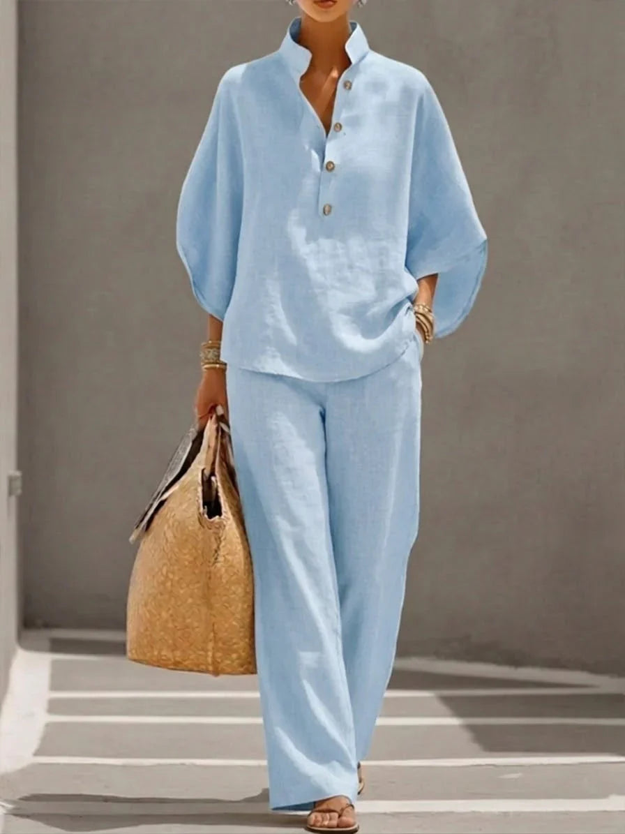 Vence | Conjunto de lino con mangas murciélago y pantalón ancho, elegante y cómodo