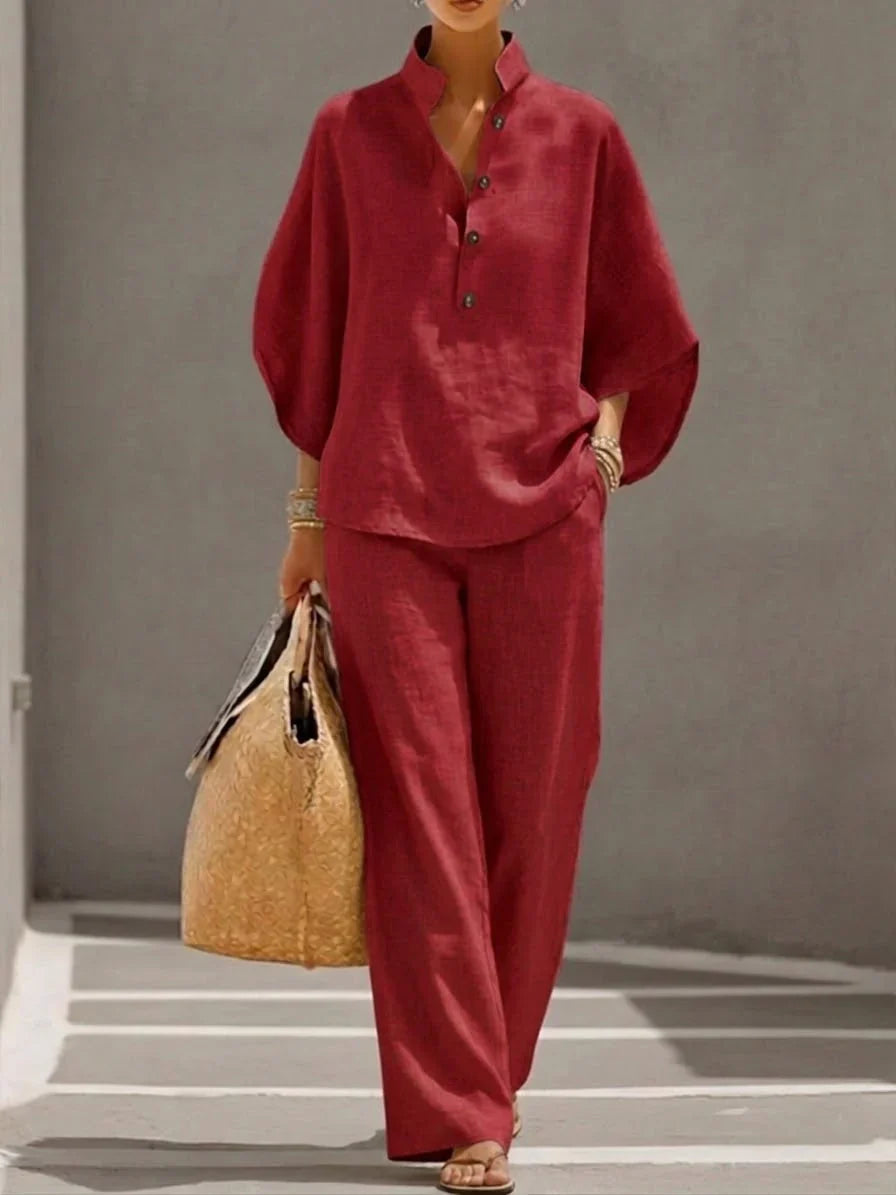 Vence | Conjunto de lino con mangas murciélago y pantalón ancho, elegante y cómodo