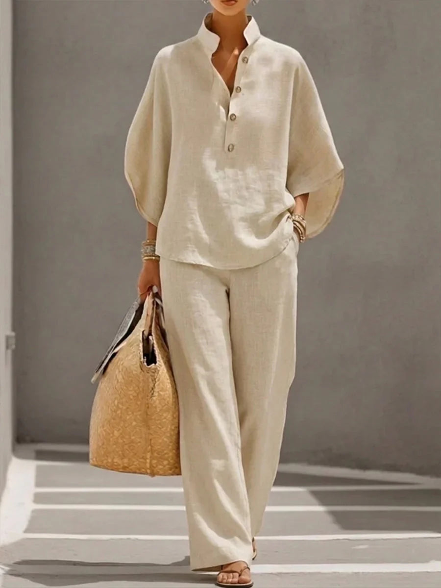 Vence | Conjunto de lino con mangas murciélago y pantalón ancho, elegante y cómodo