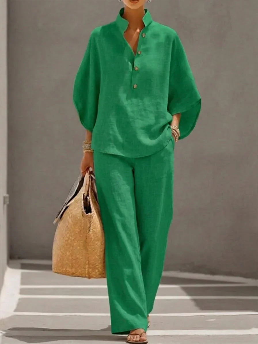 Vence | Conjunto de lino con mangas murciélago y pantalón ancho, elegante y cómodo