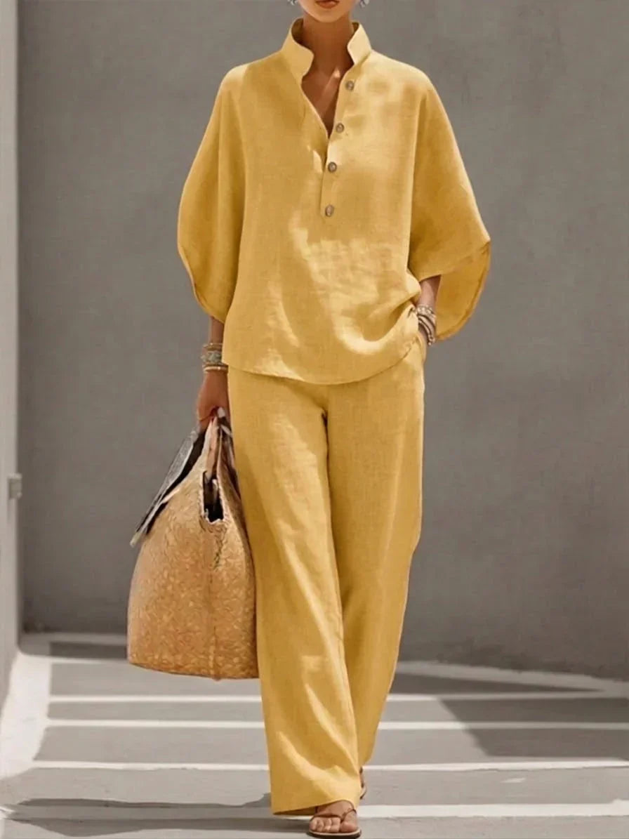 Vence | Conjunto de lino con mangas murciélago y pantalón ancho, elegante y cómodo - vista 1