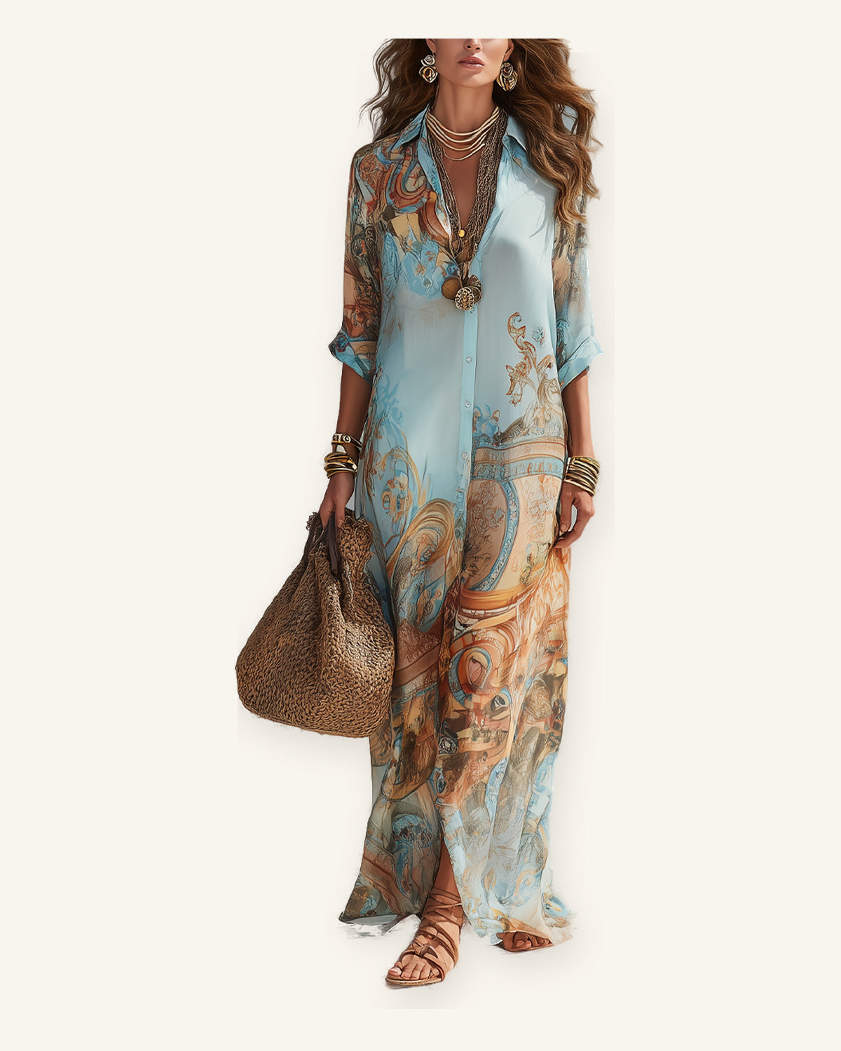Sète | Vestido Maxi de Chifón con Estampado Floral sobre fondo marfil