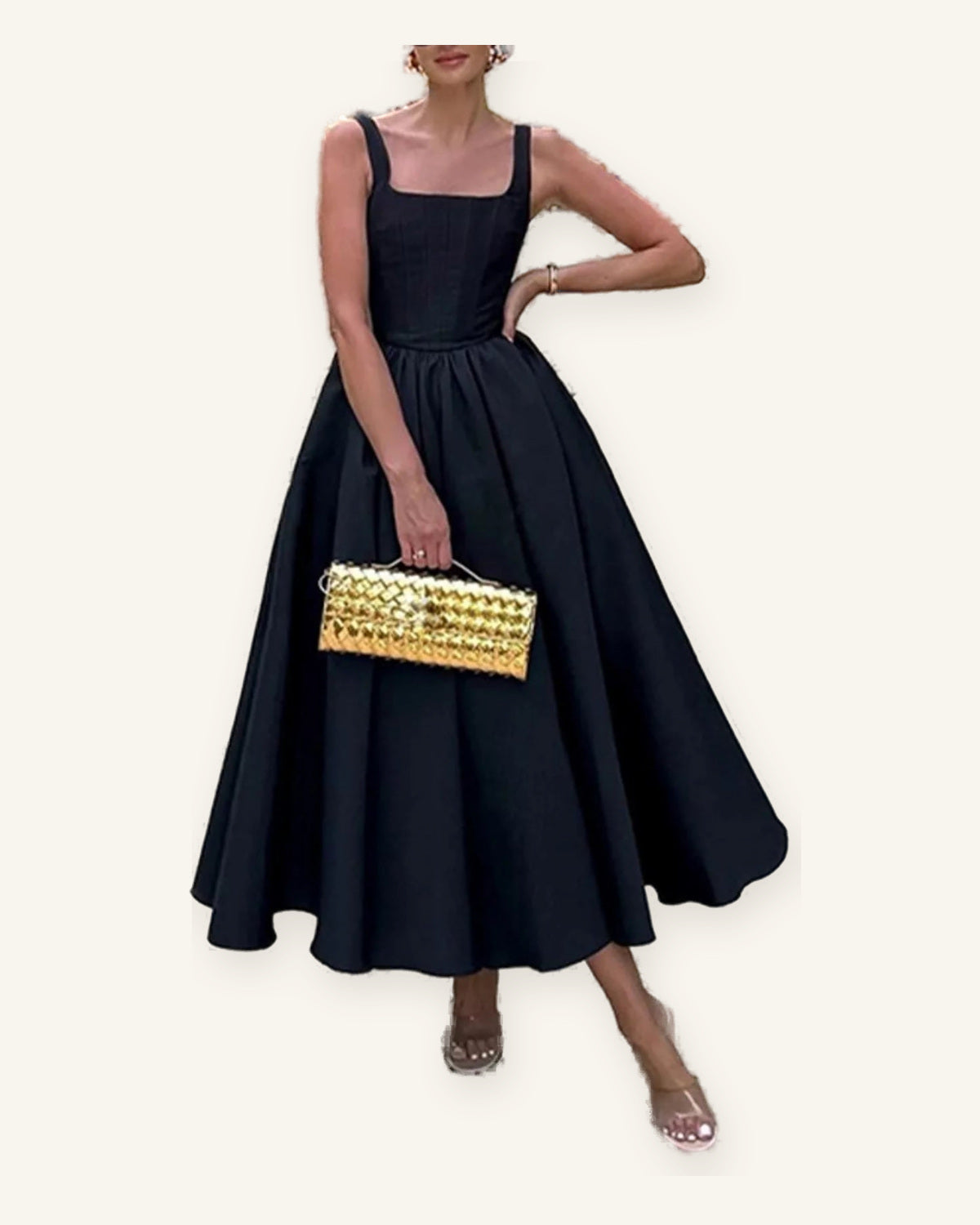 Vestido Midi Elegante Escote Cuadrado | Isabella Montecarlo sobre fondo marfil