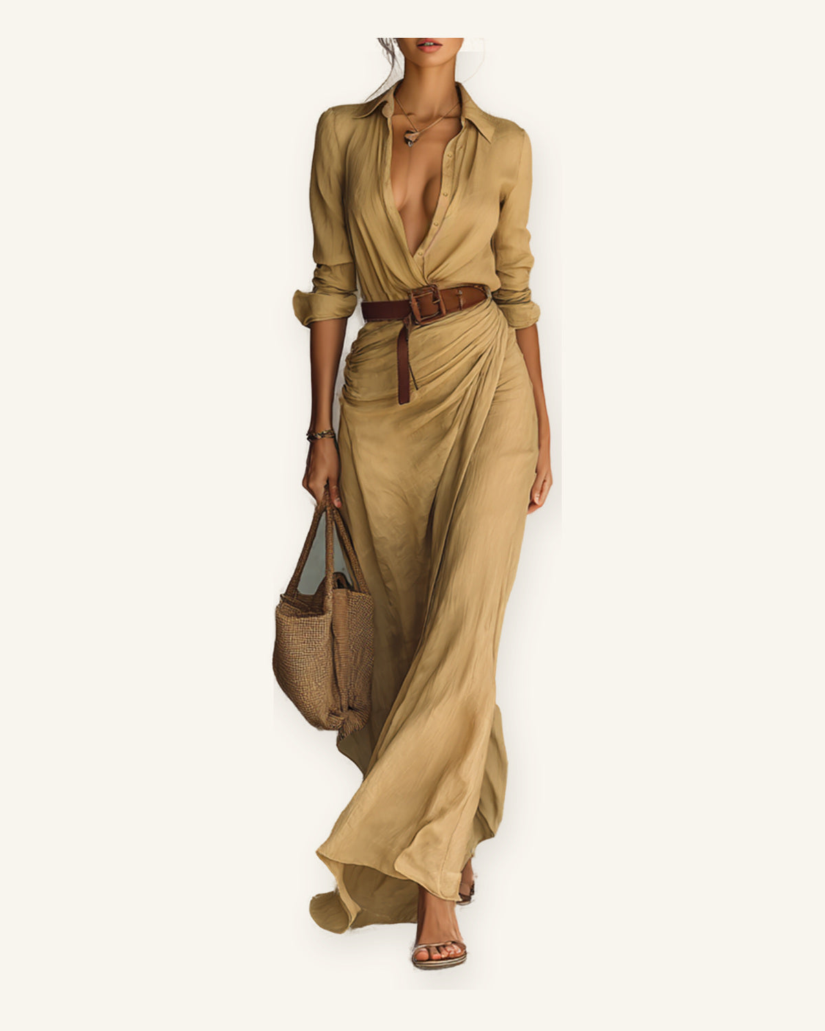 Taormina | Vestido Maxi con Cuello Solapa sobre fondo marfil