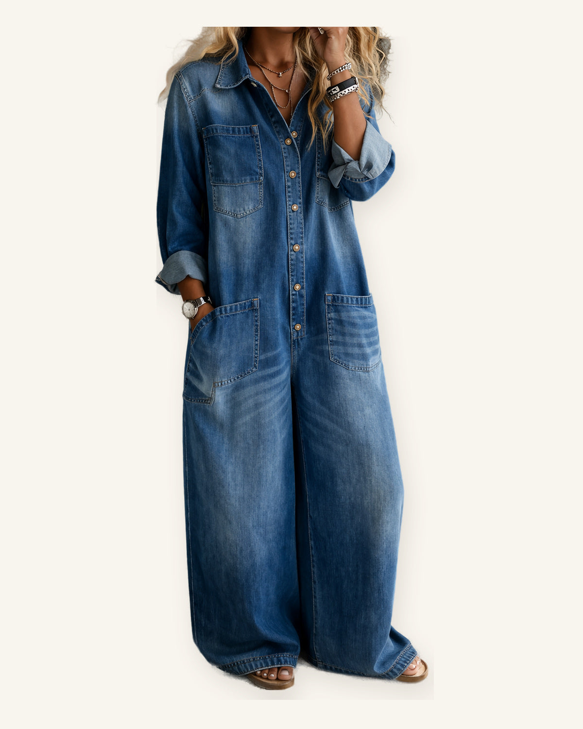 Valladolid conjunto denim relajado sobre fondo marfil
