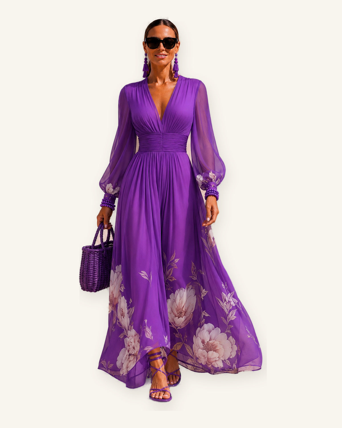 Vestido Giverny estampado en chiffon con cintura elástica trasera – 4 estampados disponibles, tallas 34-48, video incluido sobre fondo marfil